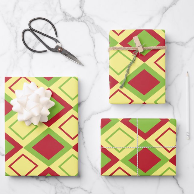 Red Green Diamond Geometric Pattern Wrapping Paper Sheet (Front)