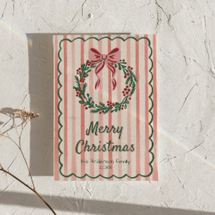 Red Green Drawn Wreath Bow Christmas Non-Photo Holiday Card