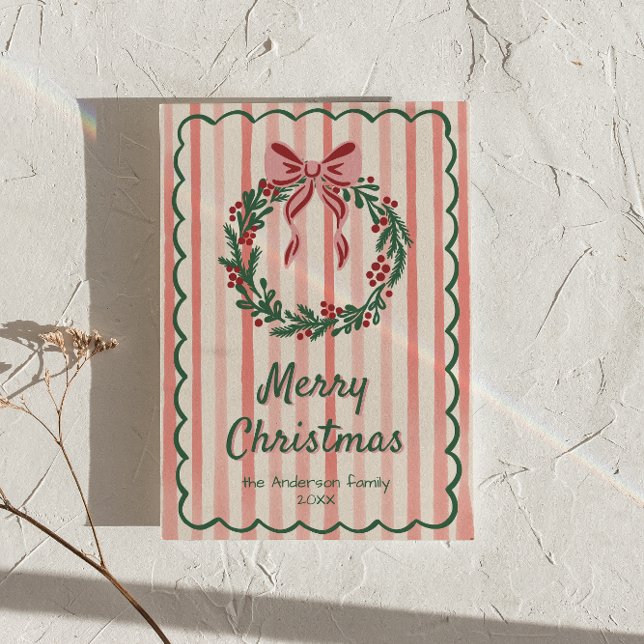  Red Green Drawn Wreath Bow Christmas Non-Photo Holiday Card (Creator Uploaded)