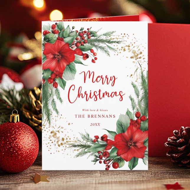 Red Green Elegant Botanical Photo Christmas Holiday Card (Red Green Elegant Botanical Photo Christmas Holiday Card)