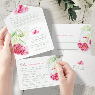 Red green eucalyptus gumnut watercolor wedding  all in one invitation