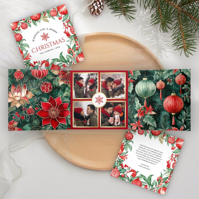 Red Green Festive Chinoiserie 4 Photo Christmas Tri-Fold Holiday Card (Creator Uploaded)