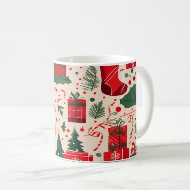 Red Green Festive Christmas Pattern Coffee Mug  (Front Right)