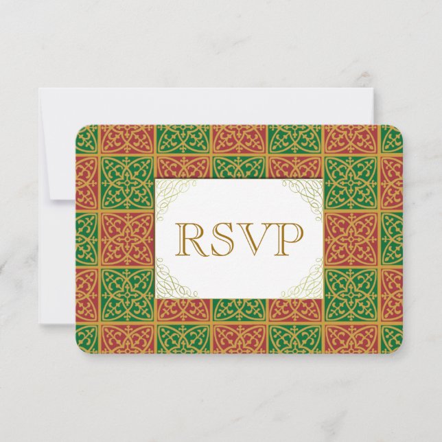 Red Green Fleur de Lis Custom RSVP Card (Front)