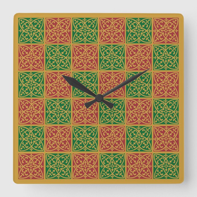 Red Green Fleur-de-Lis Holiday Pattern Square Wall Clock (Front)