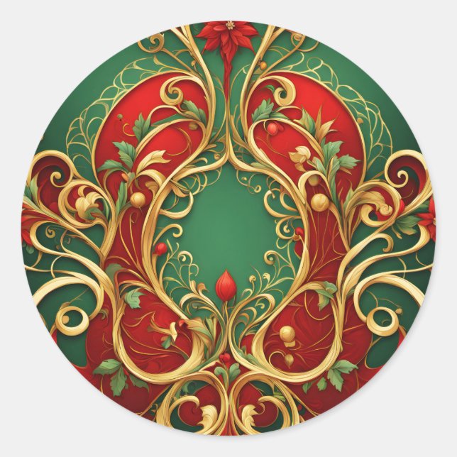 Red Green Floral Christmas Holiday Classic Round Sticker (Front)