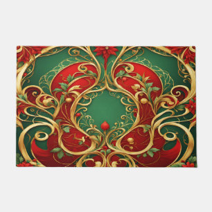 Red Green Floral Christmas Holiday Doormat