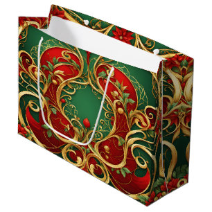 Red Green Floral Christmas Holiday Gift Bag