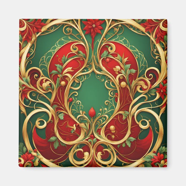 Red Green Floral Christmas Holiday Magnet (Front)