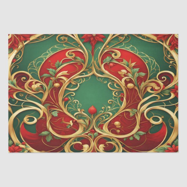 Red Green Floral Christmas Holiday Tissue Paper (Front)