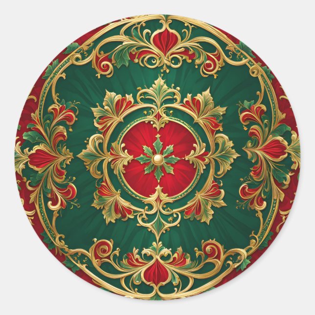 Red Green Floral Decorative Christmas Holiday Classic Round Sticker (Front)