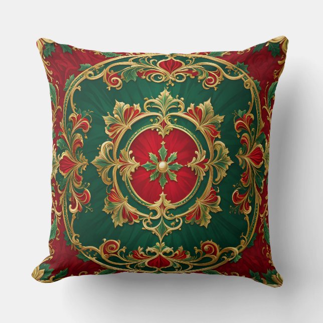 Red Green Floral Decorative Christmas Throw Pillow (Front)