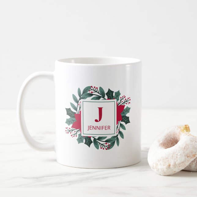 Red Green Floral Elegant Monogram Name Christmas Coffee Mug (With Donut)