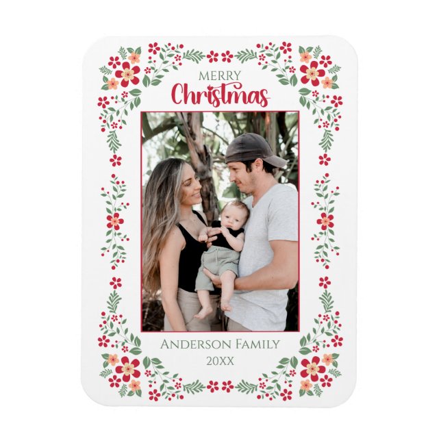 Red&Green Floral Frame Family Photo Christmas Magnet (Vertical)