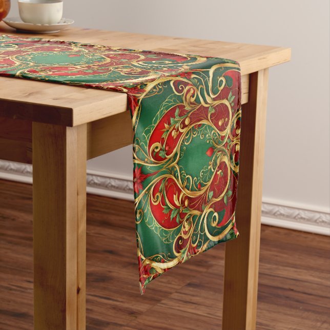 Red Green Floral Holiday Table Runner (In Situ)