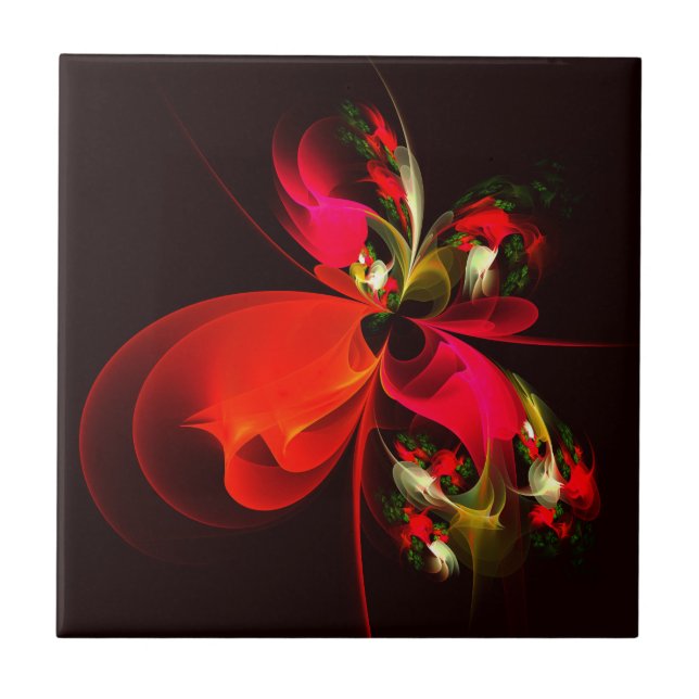 Red Green Floral Modern Abstract Art Pattern #02 Ceramic Tile (Front)
