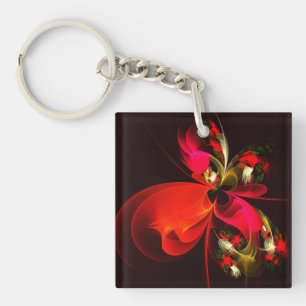 Red Green Floral Modern Abstract Art Pattern #02 Key Ring