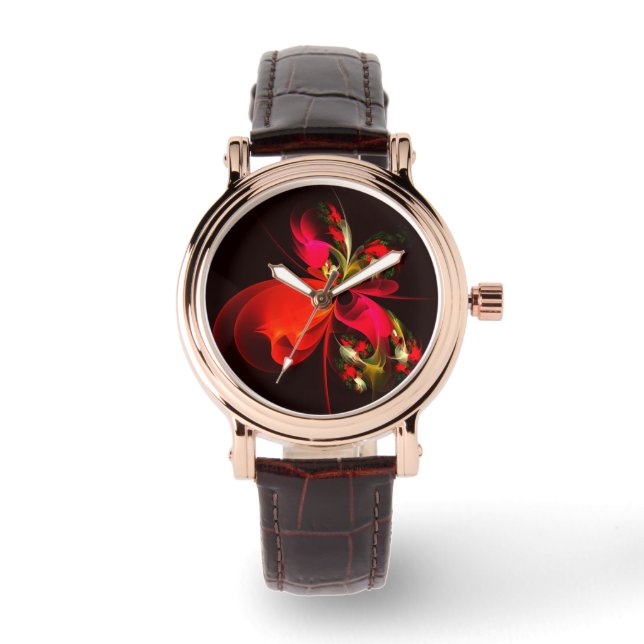 Red Green Floral Modern Abstract Art Pattern #02 Watch (Front)