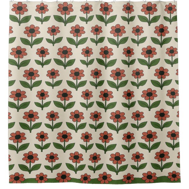 Red & Green Floral Pattern Shower Curtain (Front)