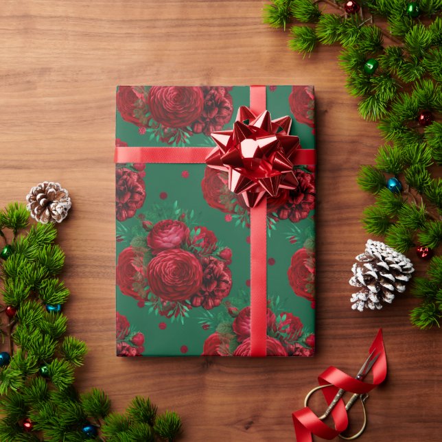 Red Green Floral Roses Holiday Christmas Wrapping Paper (Holiday Gift)