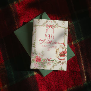 Red Green Floral  Santa Clause Bow Chic Christmas Holiday Card
