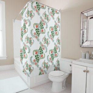 Red Green Floral Seamless New Year Xmas White Shower Curtain
