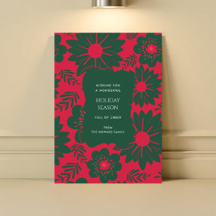 Red Green Floral Vintage Watercolor Holiday Card