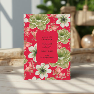 Red Green Floral Vintage Watercolor Holiday Card