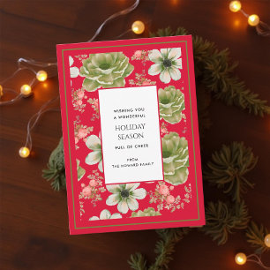 Red Green Floral Vintage Watercolor Holiday Card