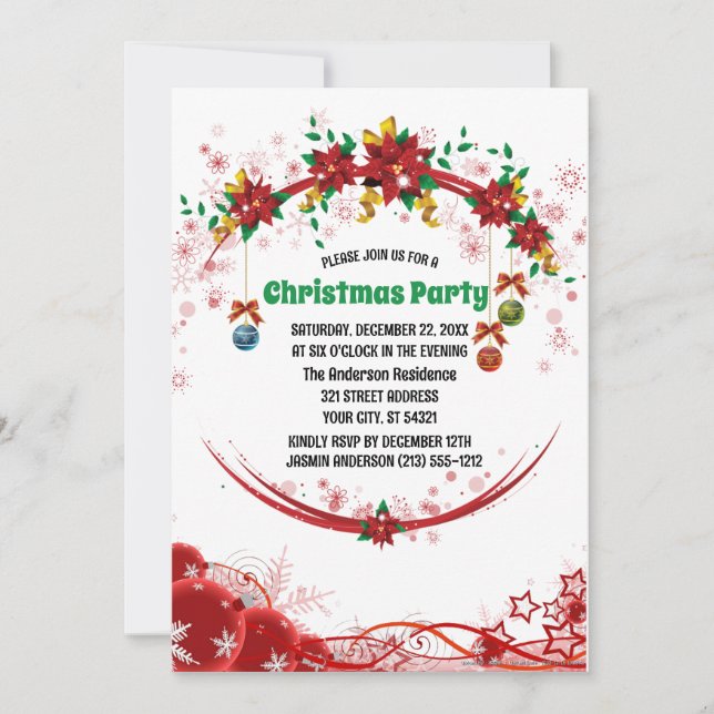 Red green floral wreath pattern  Christmas  Invitation (Front)
