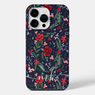 Red green floral wreath pattern winter monogram iPhone 14 pro max case