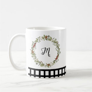 Red Green Floral Wreath Watercolor Black Checked Coffee Mug