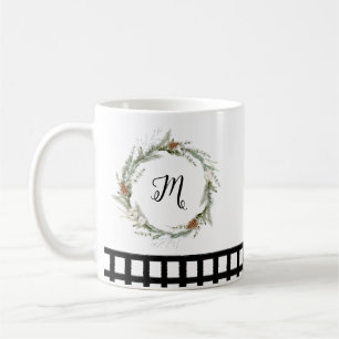 Red Green Floral Wreath Watercolor Black Checked Coffee Mug