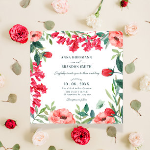 Red green floral wreath wedding invitation