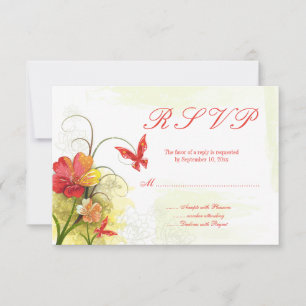 Red green flowers + butterfly wedding rsvp reply