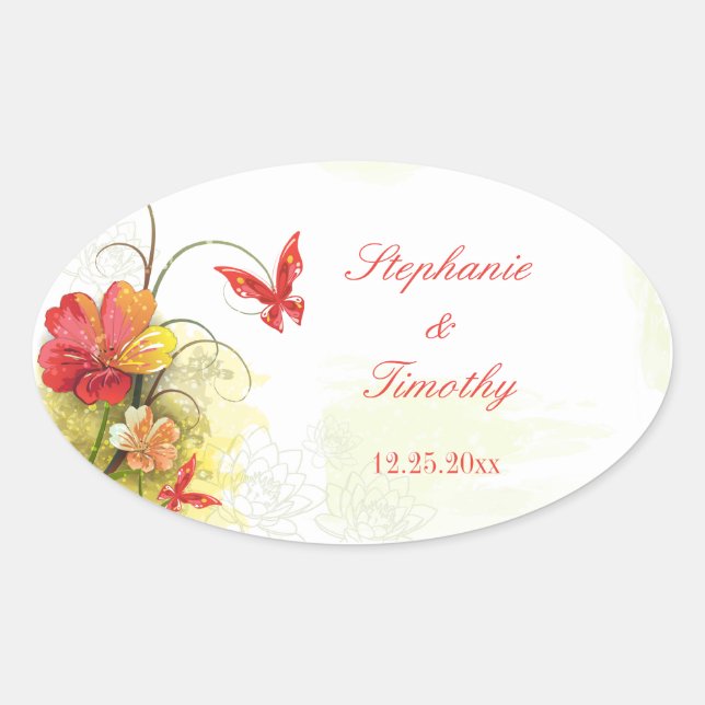 Red green flowers + butterfly wedding stickers (Front)