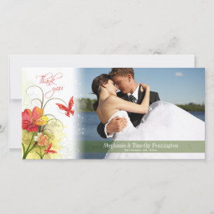 Red green flowers + butterfly wedding thank you card