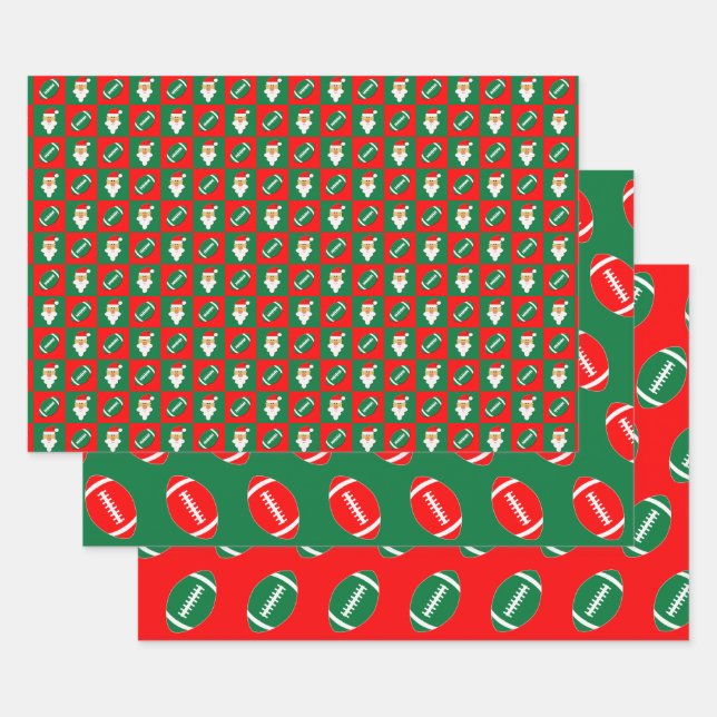 Red & Green Football & Santa Matching Christmas Wrapping Paper Sheet (Set)