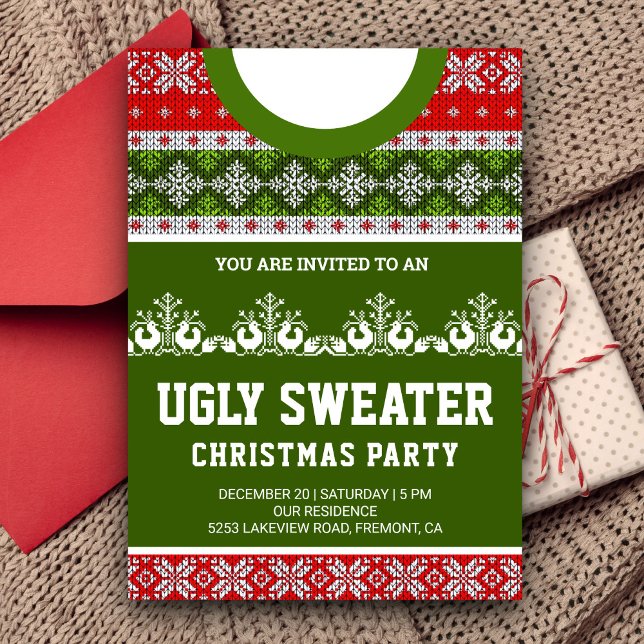 Red Green Funny Tacky Ugly Sweater Christmas Party Invitation (Creator Uploaded)
