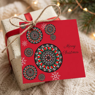 Red Green Geometric Mandala Snowflake Christmas Favour Tags