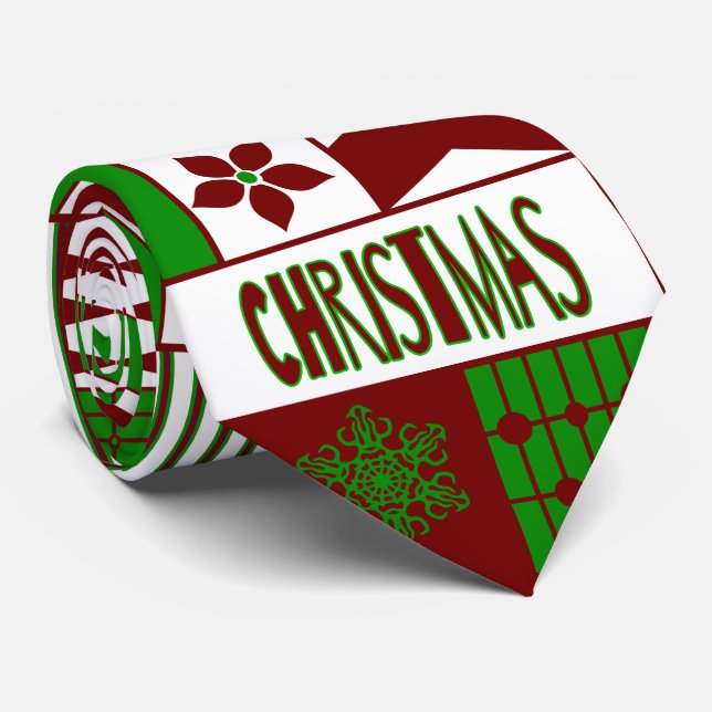 Red/Green Geometric Pattern Merry Christmas Tie (Rolled)