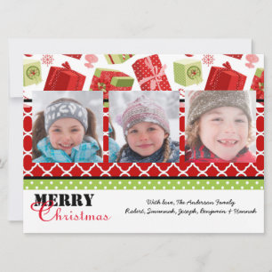 Red & Green Gifts 3 Photos - 6x8 Christmas Card