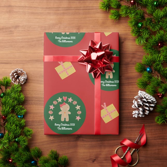 Red Green Gingerbread Cookie Custom Name Script Wrapping Paper (Holiday Gift)