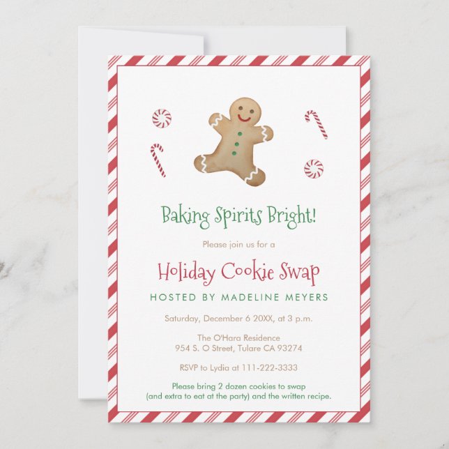 Red & Green Gingerbread Holidays Cookie Swap Party Invitation (Front)
