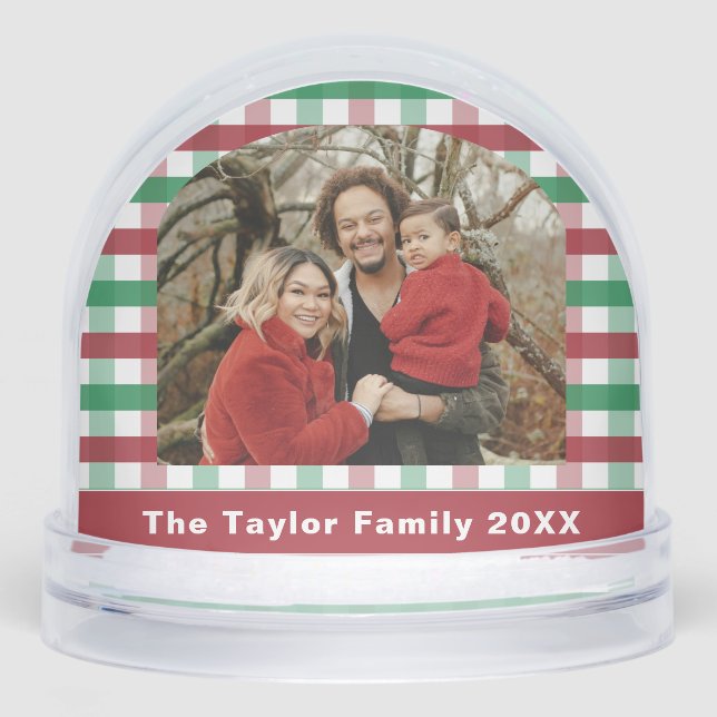 Red Green Gingham Plaid Family Photo Snowglobe (Front)