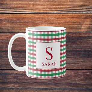 Red & Green Gingham Plaid Monogram Name Coffee Mug