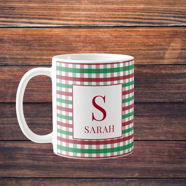 Red & Green Gingham Plaid Monogram Name Coffee Mug (Red & Green Gingham Plaid Monogram Name Coffee Mug
)