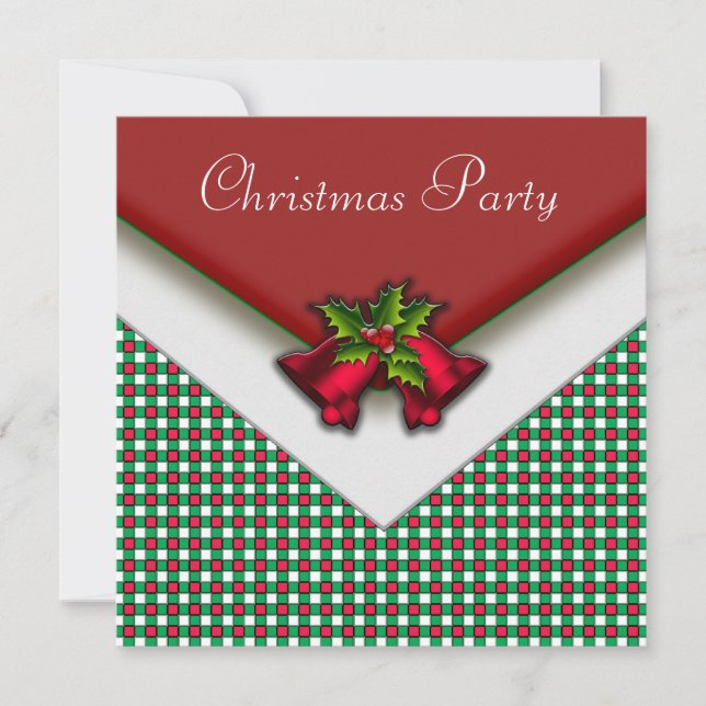 Red Green Gingham Red Bells Holly Christmas Party Invitation (Front)