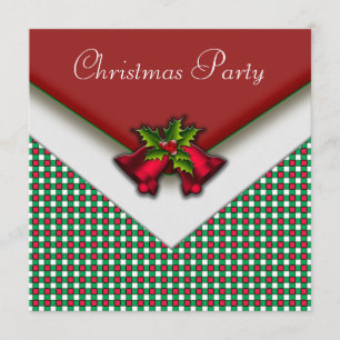 Red Green Gingham Red Bells Holly Christmas Party Invitation