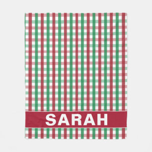 Red & Green Gingham with Custom Name Fleece Blanket